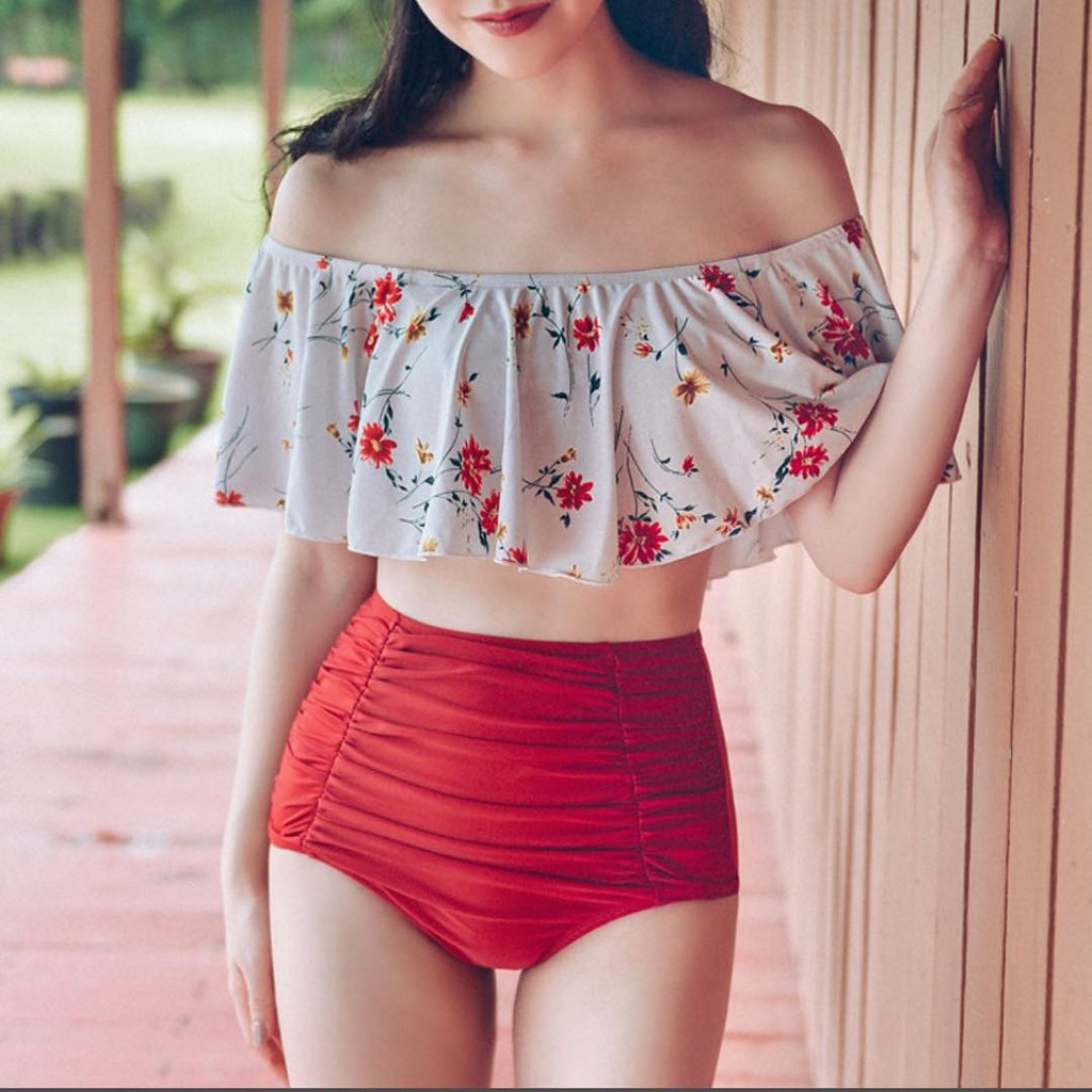Bikini nữ thời trang, thiết kế cạp cao, trễ vai bèo nhún hot 2018