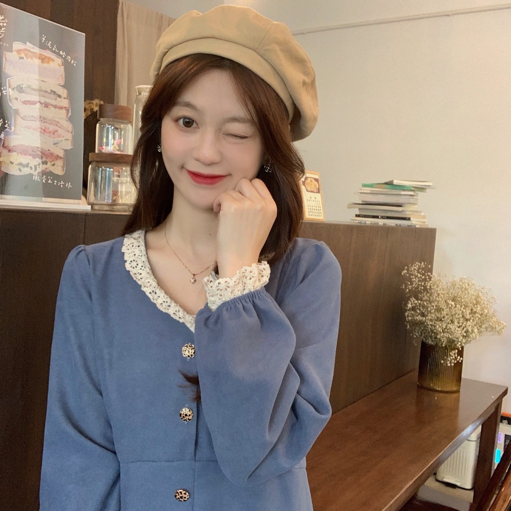 Đầm midi SUXI tay dài cổ chữ V phong cách Hàn Quốc xinh xắn dành cho nữ
