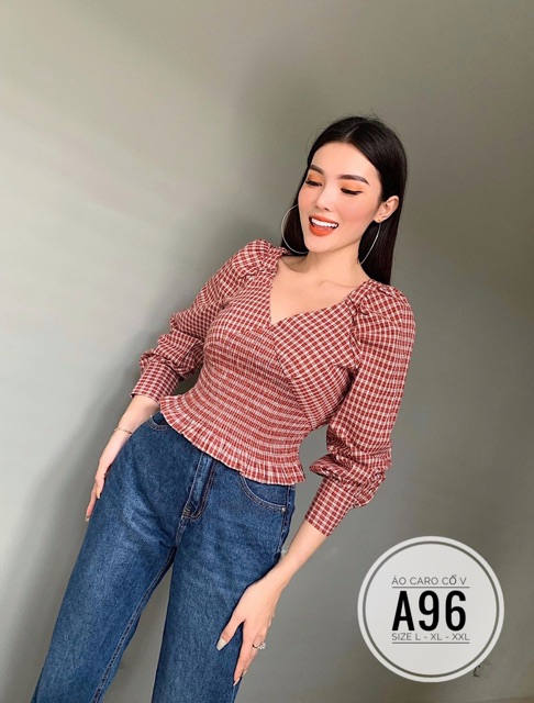 Bigsize Áo caro cổ V A96