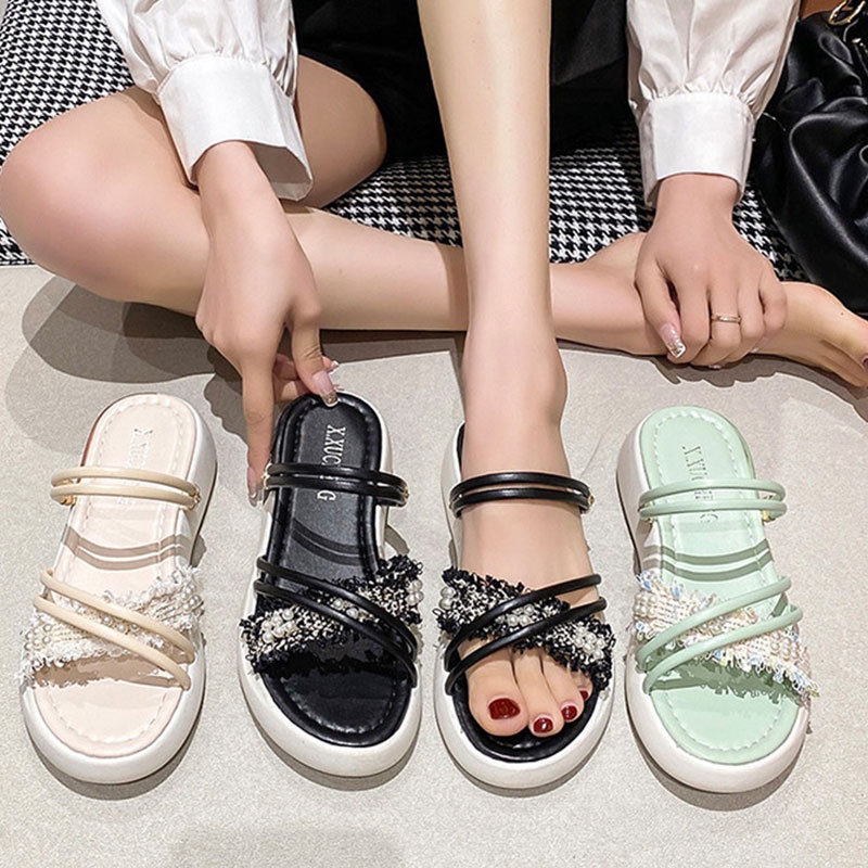 Giày quai hậu RENBEN đế dày hai cách mang quai đính ngọc trai phong cách Hàn Quốc dành cho nữ