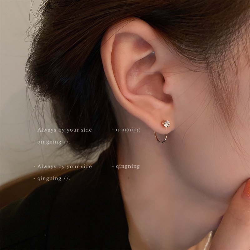 DREJEW Khuyên tai bạc đính đá zircon hình học đơn giản phong cách Hàn Quốc thời trang độc đáo cho nữ