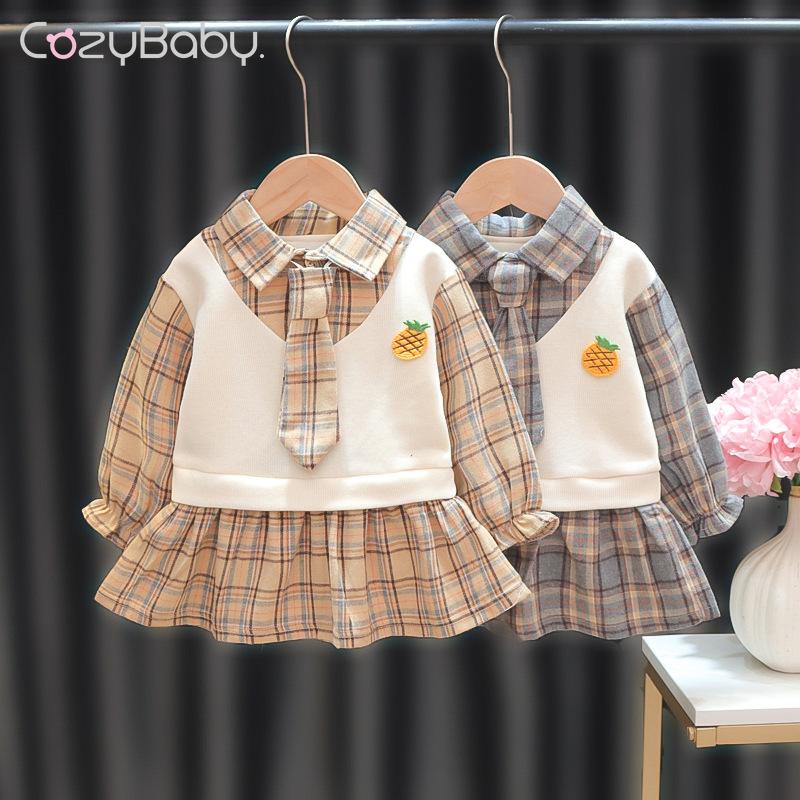 Đầm Bé Gái Tay Dài Họa Tiết Caro Phối Cà Vạt Thời Trang Mùa Thu Hàn Quốc 2023 Mới