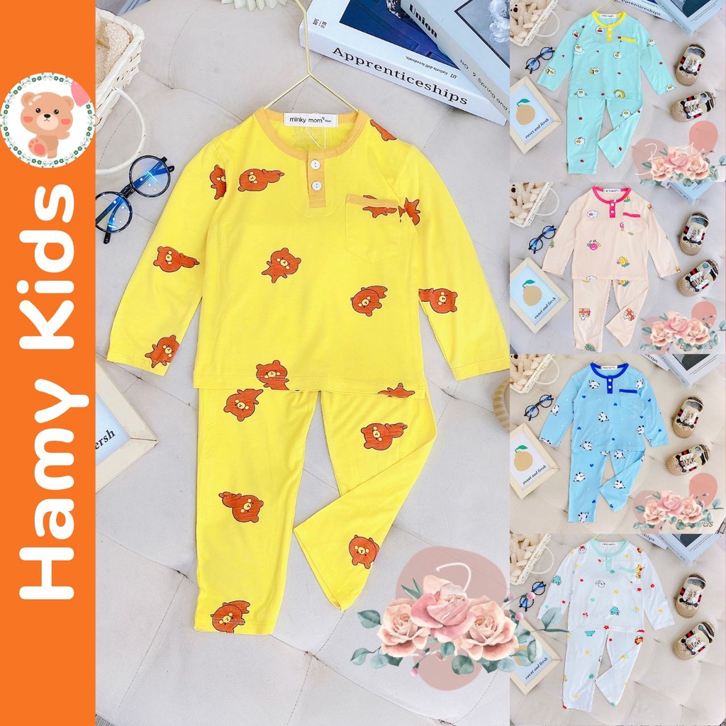 Bộ Minky Mom Chính Hãng Tay Dài Quần Dài Bé Trai Bé Gái Thun Lạnh Cổ Trụ Và Túi Thật Cho Bé 0-5 Tuổi Dưới 20kg-Hamykids