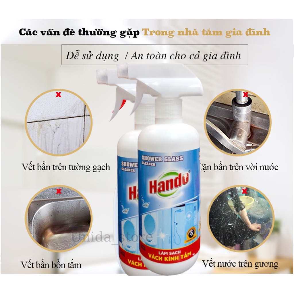 Dung dịch làm sạch đồ sành sứ vách kính tắm vẩy cá và cặn canxi  Hando 570ml