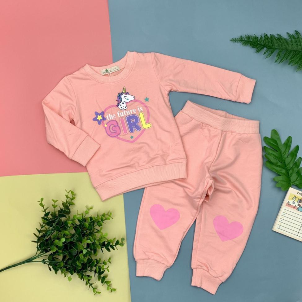 Bộ nỉ da cá bé gái hình Pony Girl size 1-8T (cho bạn 10-25kg). Chất nỉ da cá đanh chất, đẹp bền