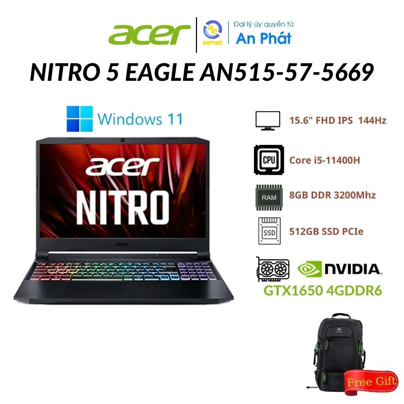 [Mã ELBAU7 giảm 7%] Laptop Acer Gaming Nitro 5 - AN515-57-5669 (Core i5-11400H + GTX 1650 4GB)