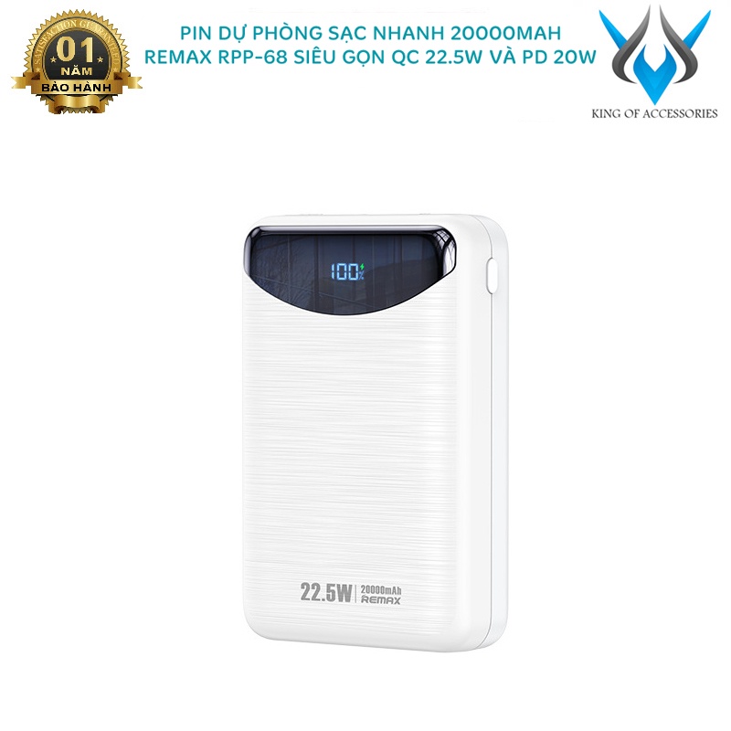 Pin dự phòng sạc nhanh Remax RPP-68 Ritry II Series 20000mAh siêu nhỏ gọn - hỗ trợ QC 22.5W và PD 20W (trắng)