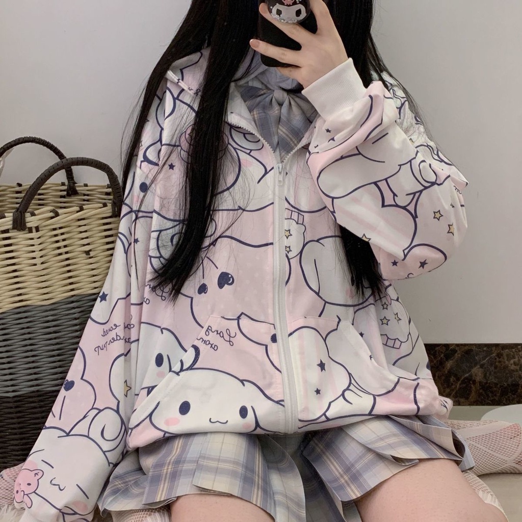 SANRIO Áo Khoác Cardigan Dáng Rộng Có Khóa Kéo In Họa Tiết Hoạt Hình Cinnamoroll Đáng Yêu Cho Nữ Sinh