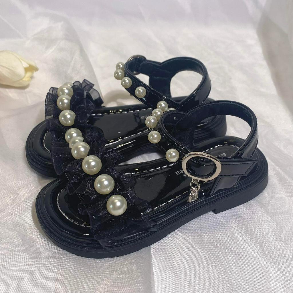 Dép sandal quai ngọc nhún bèo chất liệu da pu cao cấp ngọc đính đinh chắc chắn đế chống trơn trượt cho bé gái từ 1-5y