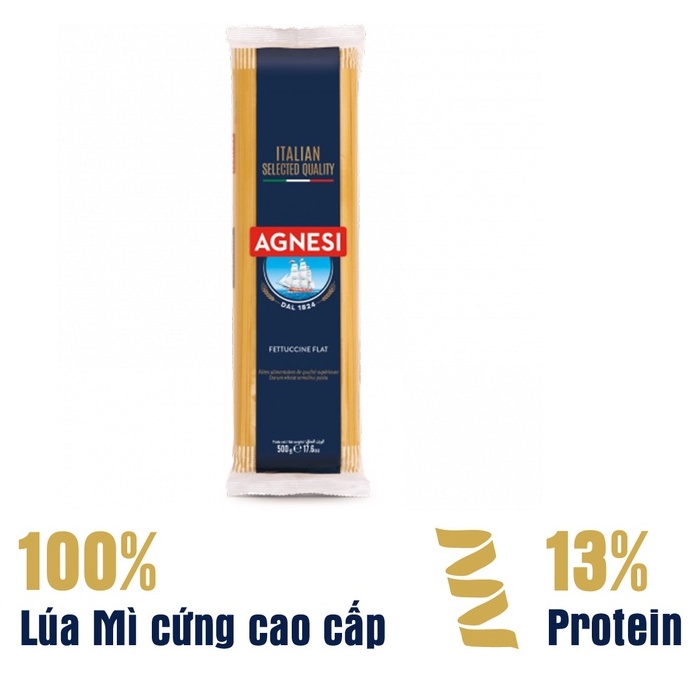 3 gói mì Ý fettucine Agnesi sợi dài và dẹt 500g, dùng lúa mì durum cao cấp giữ sốt, không gãy và dính