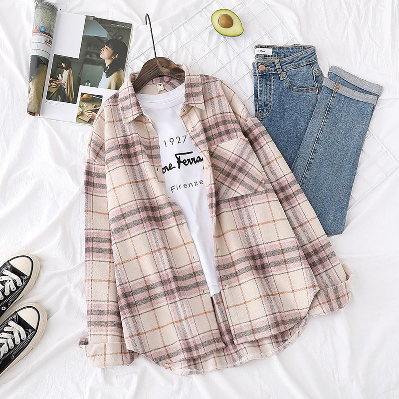 Áo sơ mi SixSisters tay dài họa tiết kẻ sọc caro dành cho nữ