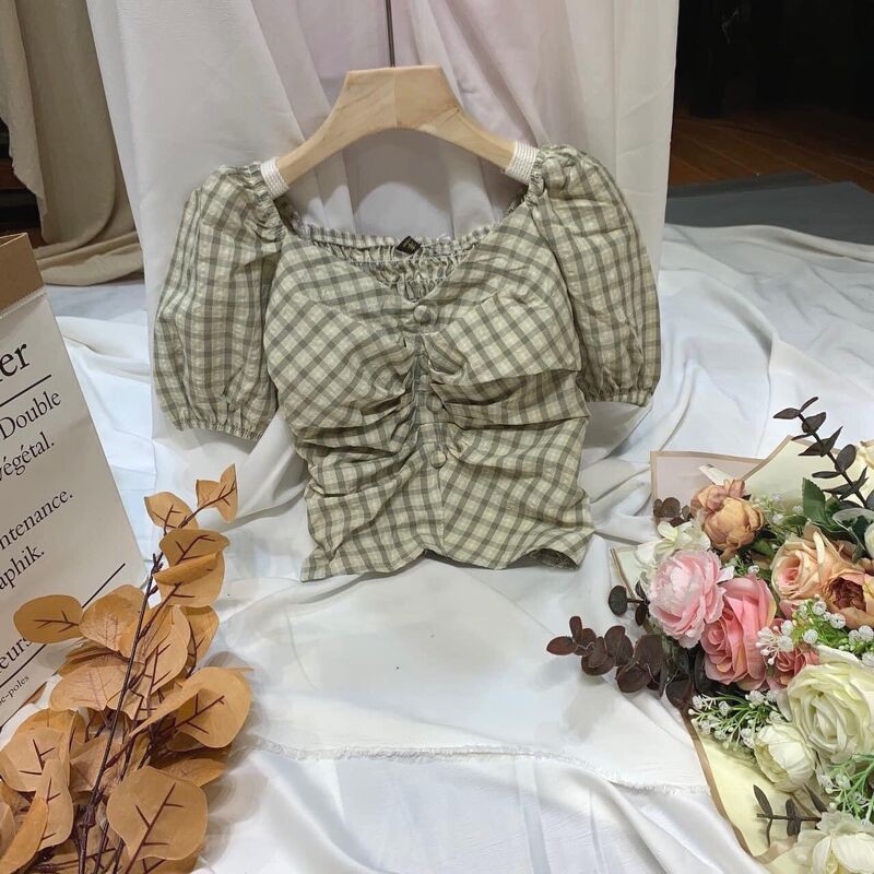 Áo kẻ tay bồng khuy nhún ngực nhiều màu sắc