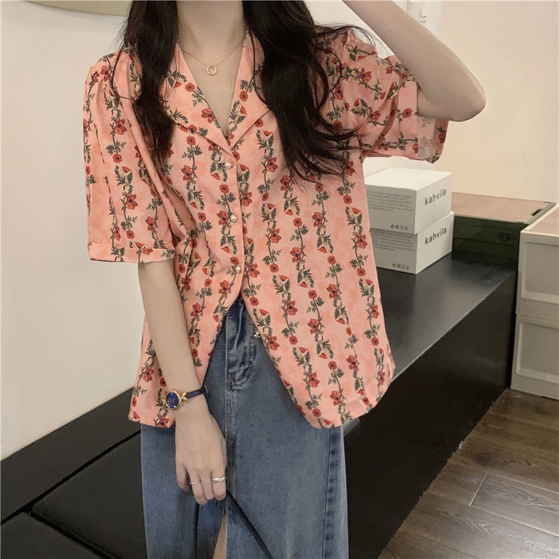 Áo Sơ Mi Tay Ngắn Cổ Chữ V In Hình Hoa Hồng Phong Cách Retro Hàn Quốc