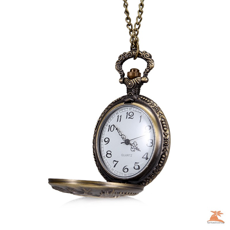 #Đồng hồ bỏ túi# 1pc Men Women Quartz Pocket Watch Star Olive Branch Carved Case with Chain
