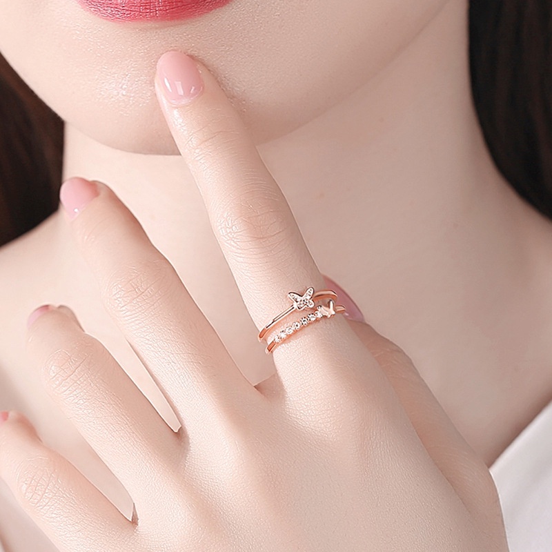 Nhẫn hở mạ bạc hình bướm đính đá zircon có thể điều chỉnh kích thước thời trang