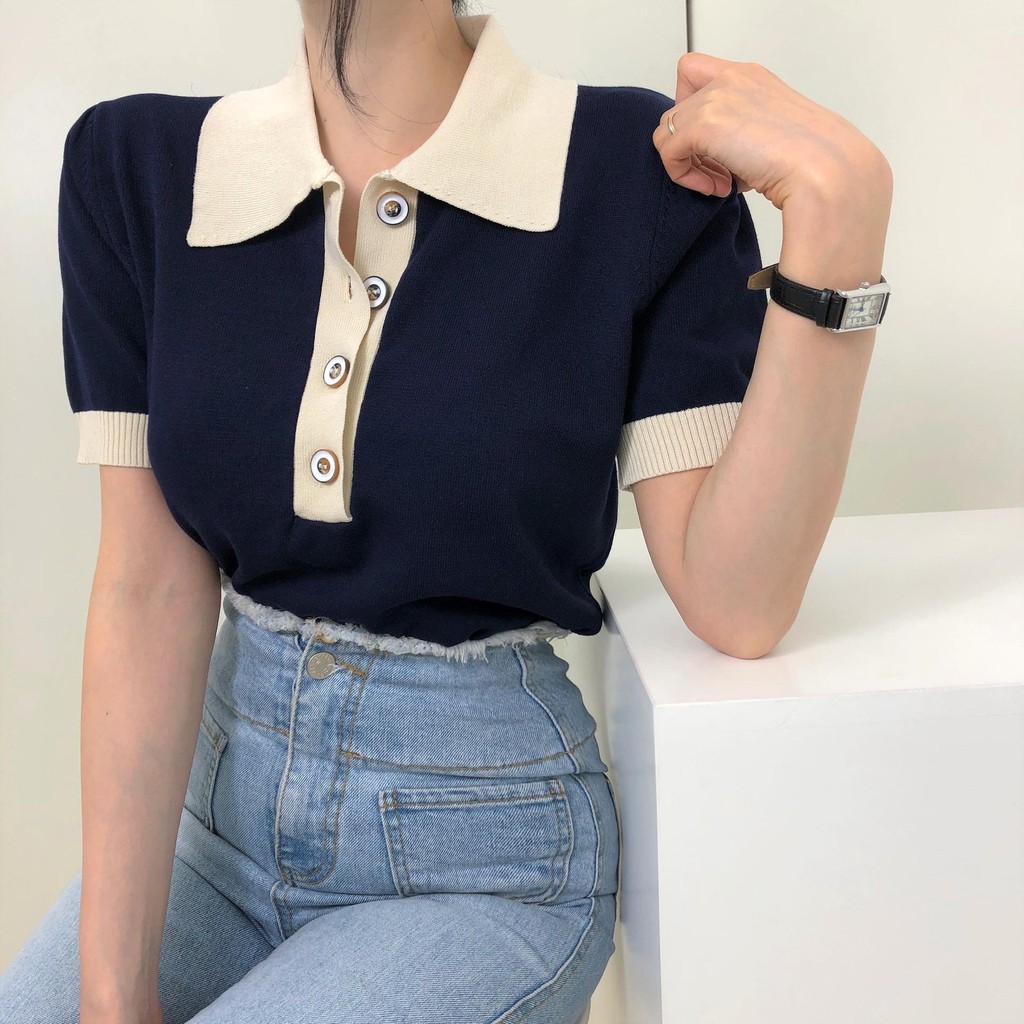 Áo thun nữ Ngắn tay Cổ bẻ POLO Phối cúc Ulzzang Hàn Quốc Áo Phông thun nữ Tay ngắn Có cổ Retro Thời trang | BigBuy360 - bigbuy360.vn