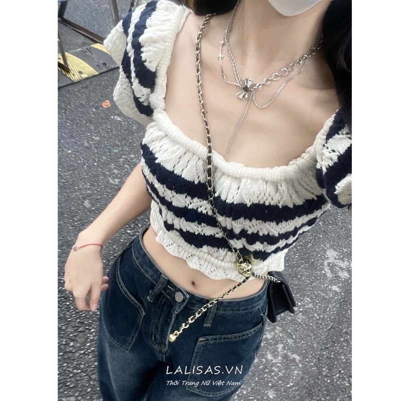 Áo len montoghi cách điệu tay bồng dáng crotop hàng QC