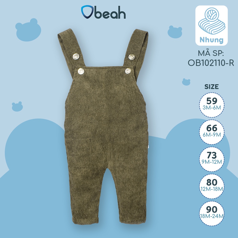 Quần Yếm nhung Obeah xanh rêu Fullsize 59 đến 90 cho bé từ 0 đến 24 tháng