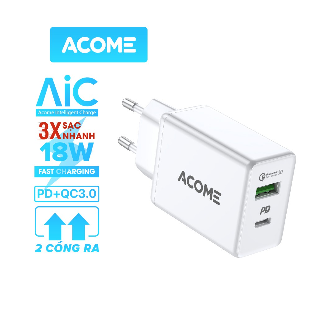 Cốc Sạc Nhanh 18W ACOME AC02 Chuẩn PD + QC3.0 2 Cổng Sạc Ra – BẢO HÀNH 12 THÁNG