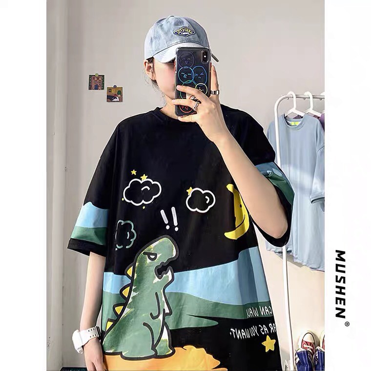 Áo thun unisex⚡ 𝐂𝐨́ 𝐕𝐢𝐝𝐞𝐨+ 𝐀̉𝐧𝐡 𝐓𝐡𝐚̣̂𝐭 ⚡Áo thun  nam nữ tay lỡ -  form rộng Khủng Long unisex cổ tròn cao cấp