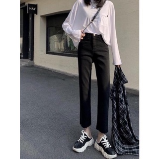 Quần jeans đen trơn phom basic ống đứng cạp cao hack chân cực thon dài