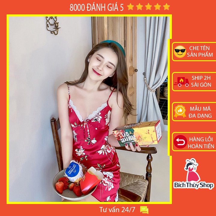 Váy ngủ lụa cao cấp 2 dây in hoa sang trọng có kèm mút ngực