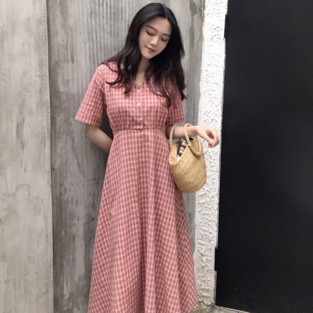 [ ORDER ] Đầm caro ulzzang dáng suông / đầm vintage dài có size lớn bigsize