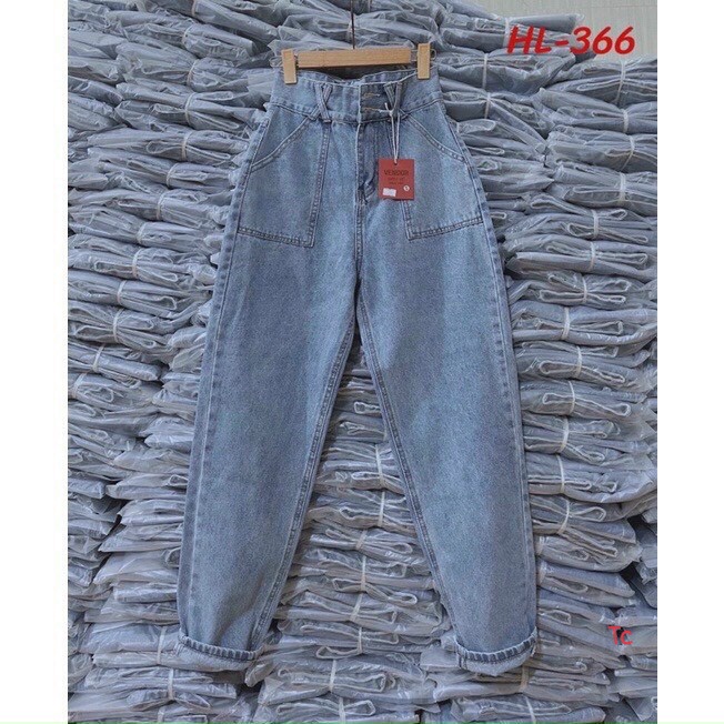 Quần jeans nữ,Quần bò baggy đai chéo túi ốp form đẹp sặn gấu màu xanh | BigBuy360 - bigbuy360.vn