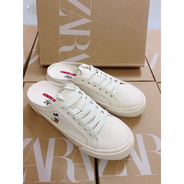 Giày sục thể thao sneaker vải canvas Mickey xuất Zara màu kem be full box tag bill | Giày bata đế bánh mì 3cm