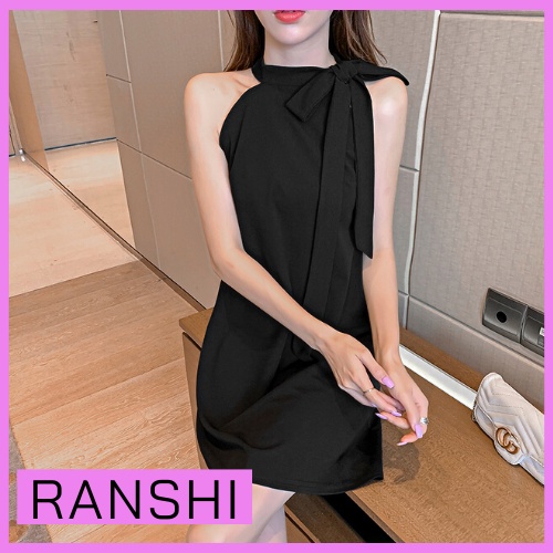 Váy Cổ Yếm Không Tay RANSHI Đầm Suông Thắt Nơ Lệch Siêu Sang Đi Làm Dự Tiệc Cho Nữ Màu Đen Và Đỏ- RBD012