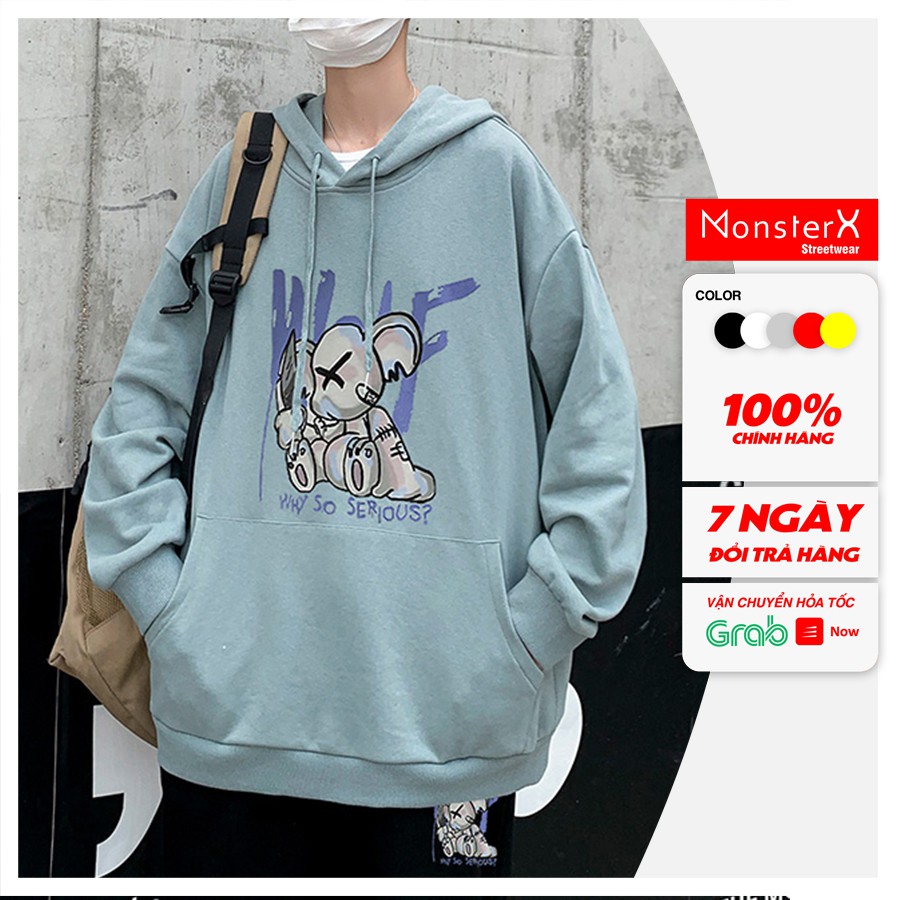 Áo mũ Hoodie Unisex MonsterX Gấu X form rộng 5 màu nỉ bông cặp đôi nam nữ Oversize Ulzzang thu đông