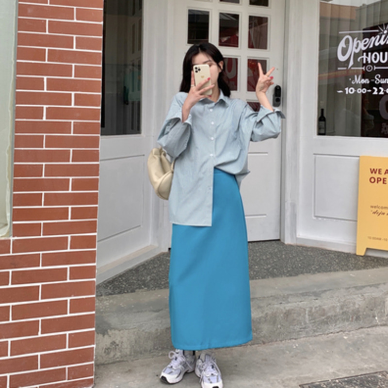 Spot  summer  western style  split ends  high waist  drape  skirt + blue  stripes  shirt | BigBuy360 - bigbuy360.vn