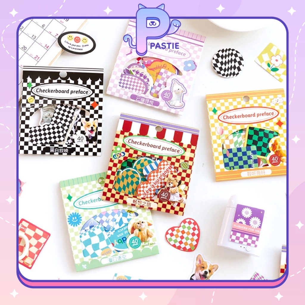 Sticker hình dán trang trí sổ tay, điện thoại, mũ bảo hiểm.. style retro, hoạ tiết caro lạ mắt