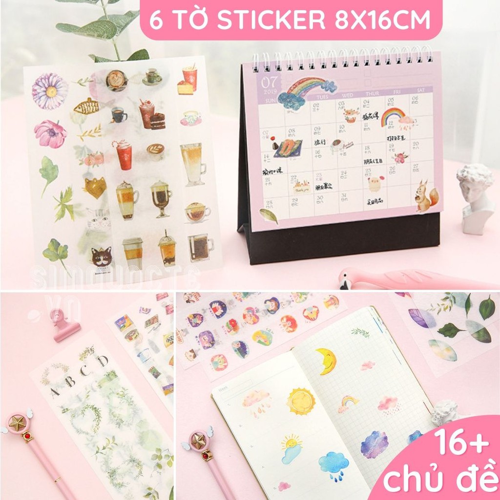 [Bộ 6 tờ] Sticker dán sổ nhật ký valy túi xách mũ bảo hiểm theo chủ đề ST02