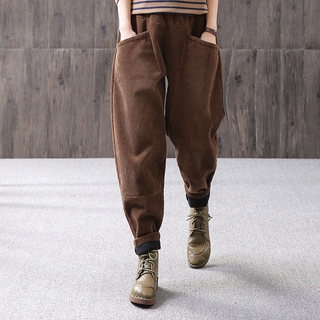 Retro Casual Loose Corduroy Harem Pants Pockets Plus Velvet Elastic Waist Women Long Pant