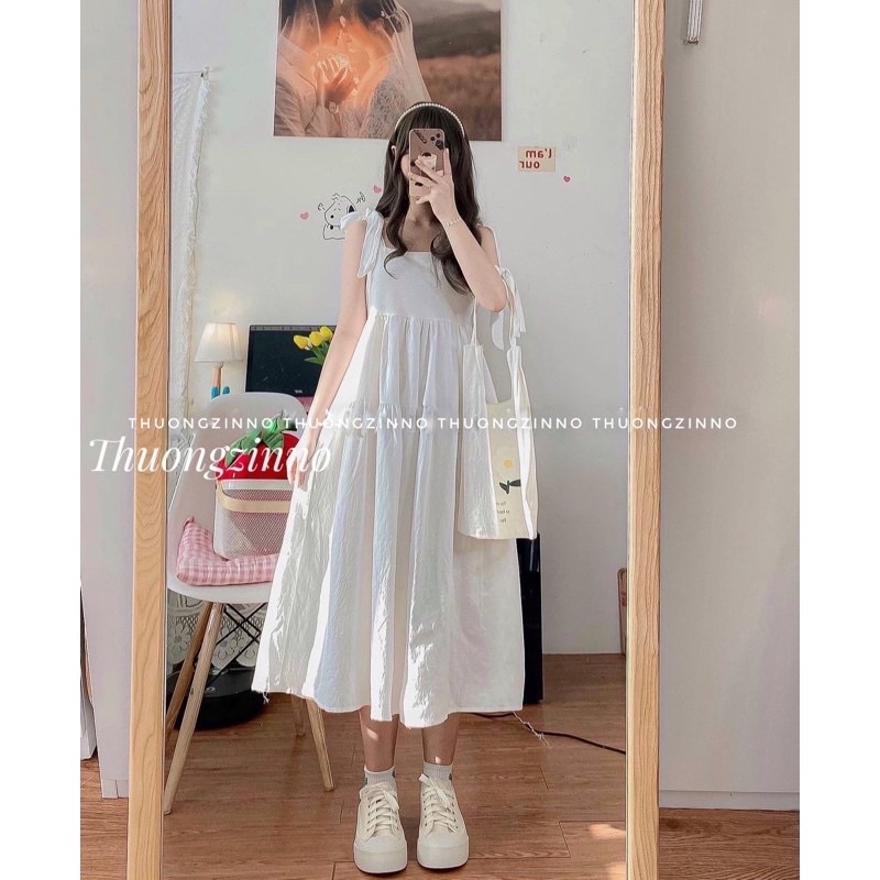 [Ảnh thật/Video]Váy Hai Dây Bản To Buộc Vai Chất Thô Lụa Mát From Rộng