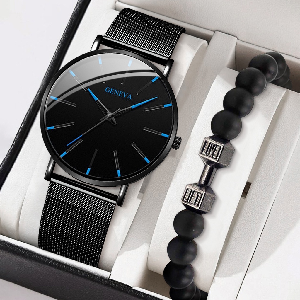 Đồng Hồ Quartz Nam Dây Lưới Thép Không Gỉ Geneva