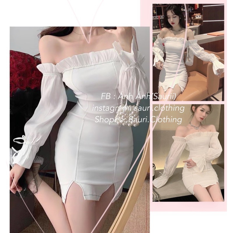 Đầm ôm body xẻ đùi sang chảnh sexy quyến rũ đi tiệc tiểu thư trễ vai tay lụa bóng cột nơ