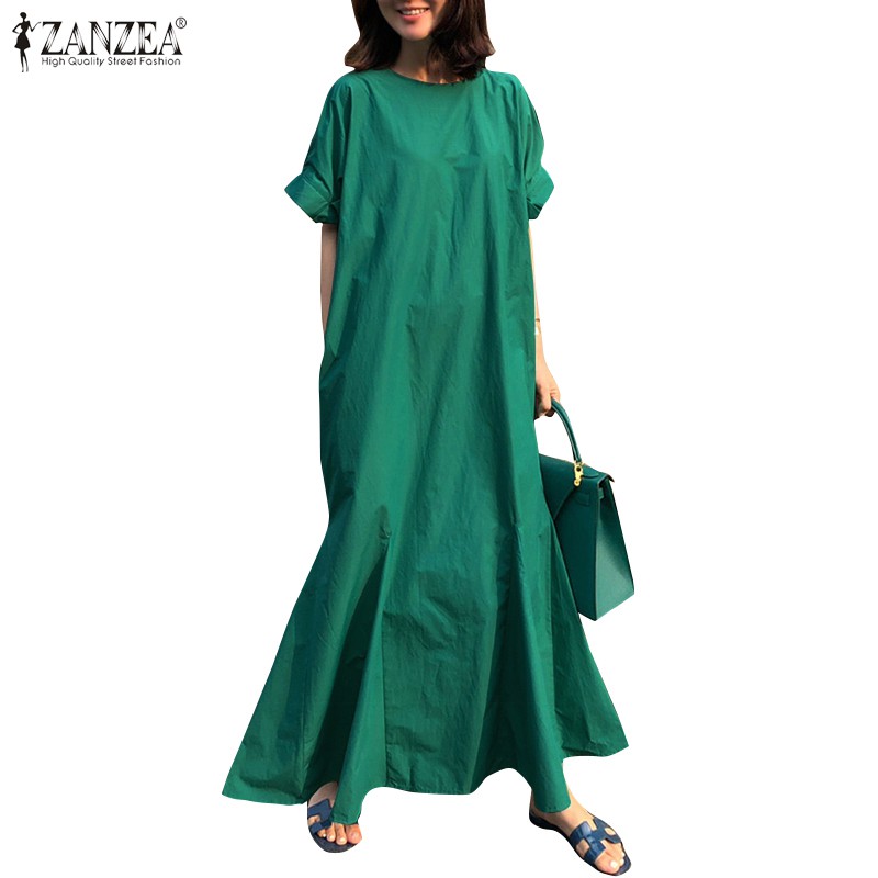ZANZEA Đầm Dài Màu Trơn Thời Trang Dành Cho Nữ