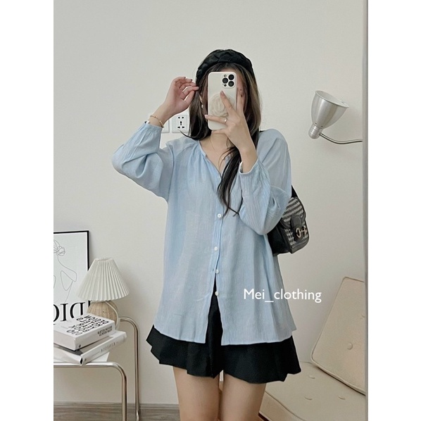 Áo Sơmi Đũi Mềm Cổ Tròn Tay Bồng