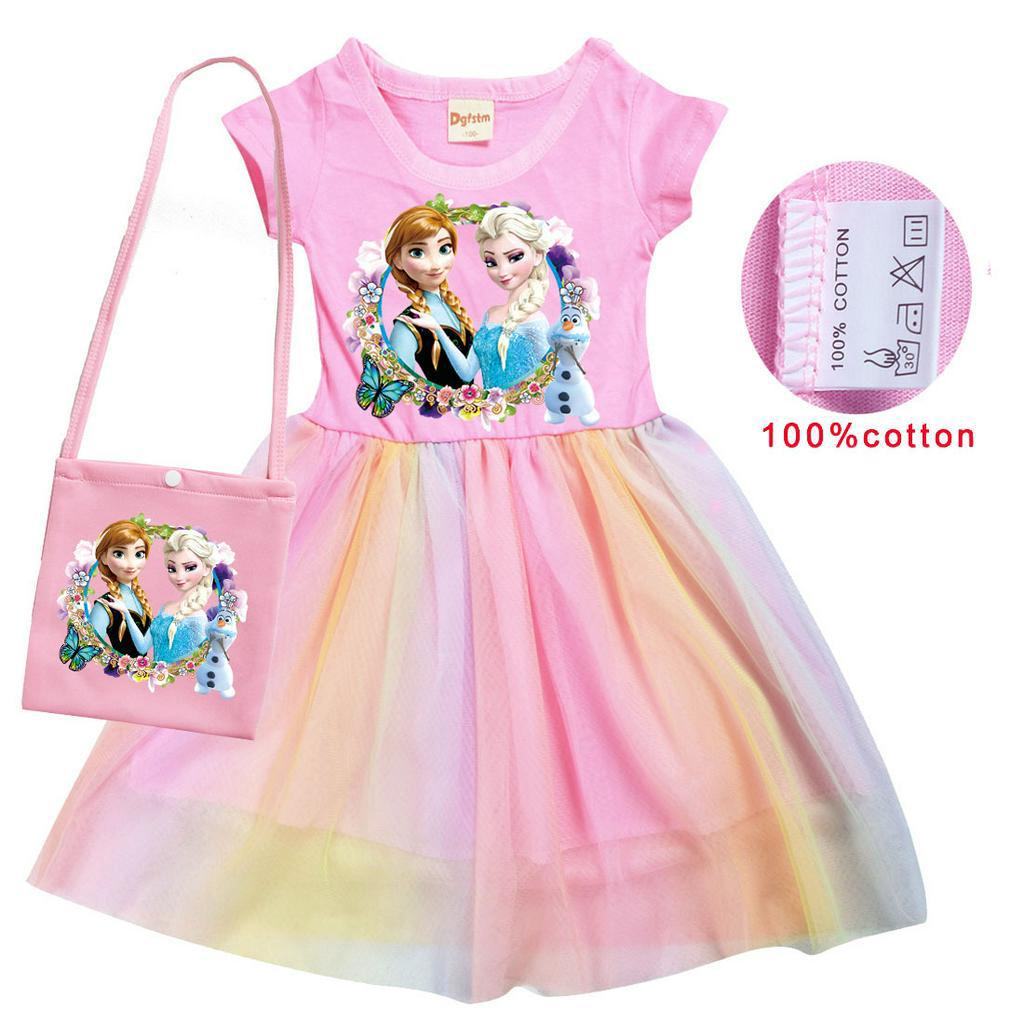 Đầm Công Chúa Elsa Anna Hoạt Hình Frozen + Túi Áo Tay Ngắn Cổ Tròn Cho Bé Gái Từ 2-10 Tuổi