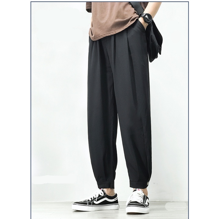 Quần Baggy Nam AROTI Ống Suông Rộng Vải Cotton Lụa Đẹp Cao Cấp,Co Giãn Dáng Âu,Cạp Chun,Màu Đen,Tiện Mặc Đi Học  QV46-B