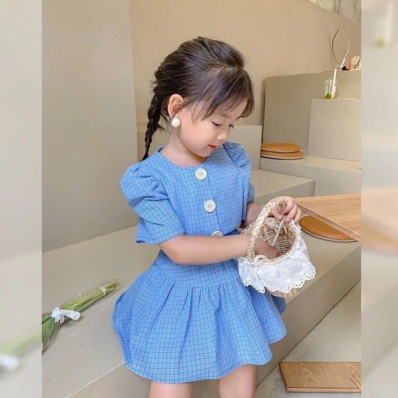 Set Áo Thun Ngắn Tay + Chân Váy Caro Thời Trang Cho Bé Gái