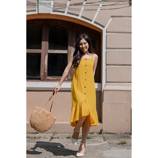 Đầm linen dáng suông 2 dây phối nút gỗ