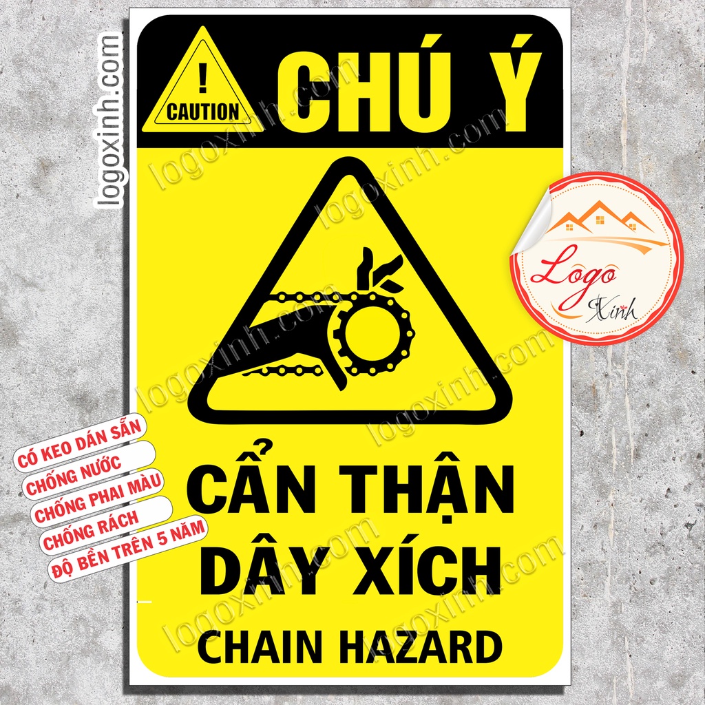 LOGO TEM STICKER BIỂN CẢNH BÁO CẨN THẬN DÂY XÍCH KẸT ĐỨT TAY, CHAIN CAUTION HAZARD - BIỂN CẢNH BÁO AN TOÀN LAO ĐỘNG