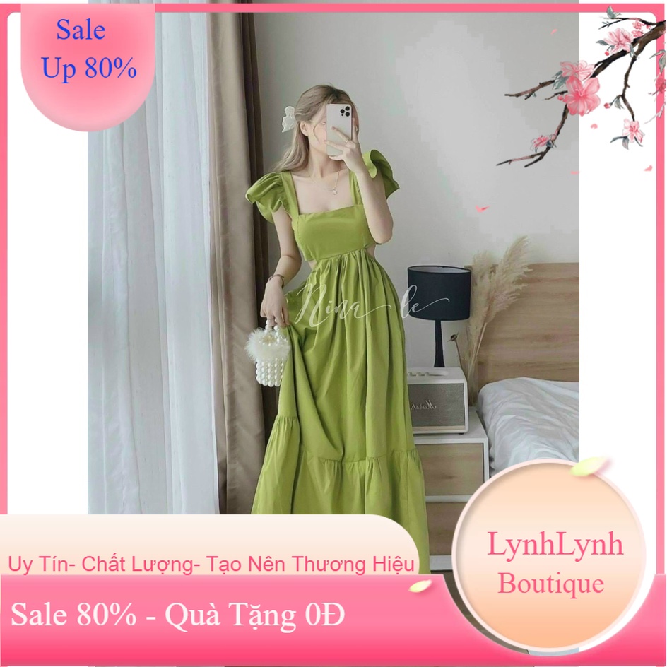 (Có ảnh thật) Đầm Lụa Maxi Tay Bèo Cột Nơ Lưng Cổ Vuông Khoét Eo Siêu Xinh Phù Hợp Đi Biển