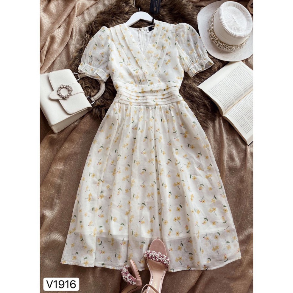 Váy hoa nhí dáng xòe chiết eo tay bông V1916 - Váy đầm đẹp dự tiệc DVC Fashion kèm ảnh thật