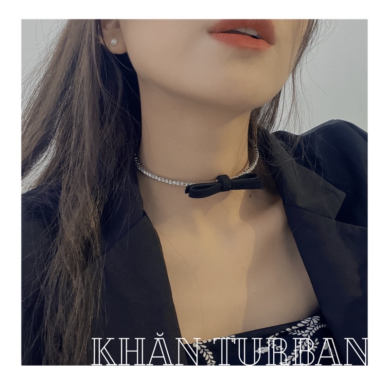 Choker đính đá thắt nơ - Vòng cổ đính đá thắt nơ đen