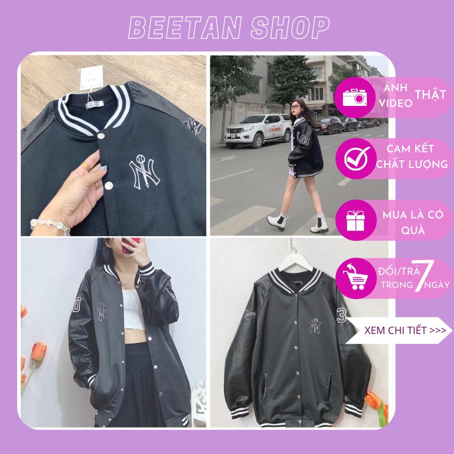 Áo khoác bomber nữ phối da thêu NY chất xịn cực dày ấm - Áo khoác đen nam nữ cúc bấm phong cách cực chất hàng đẹp