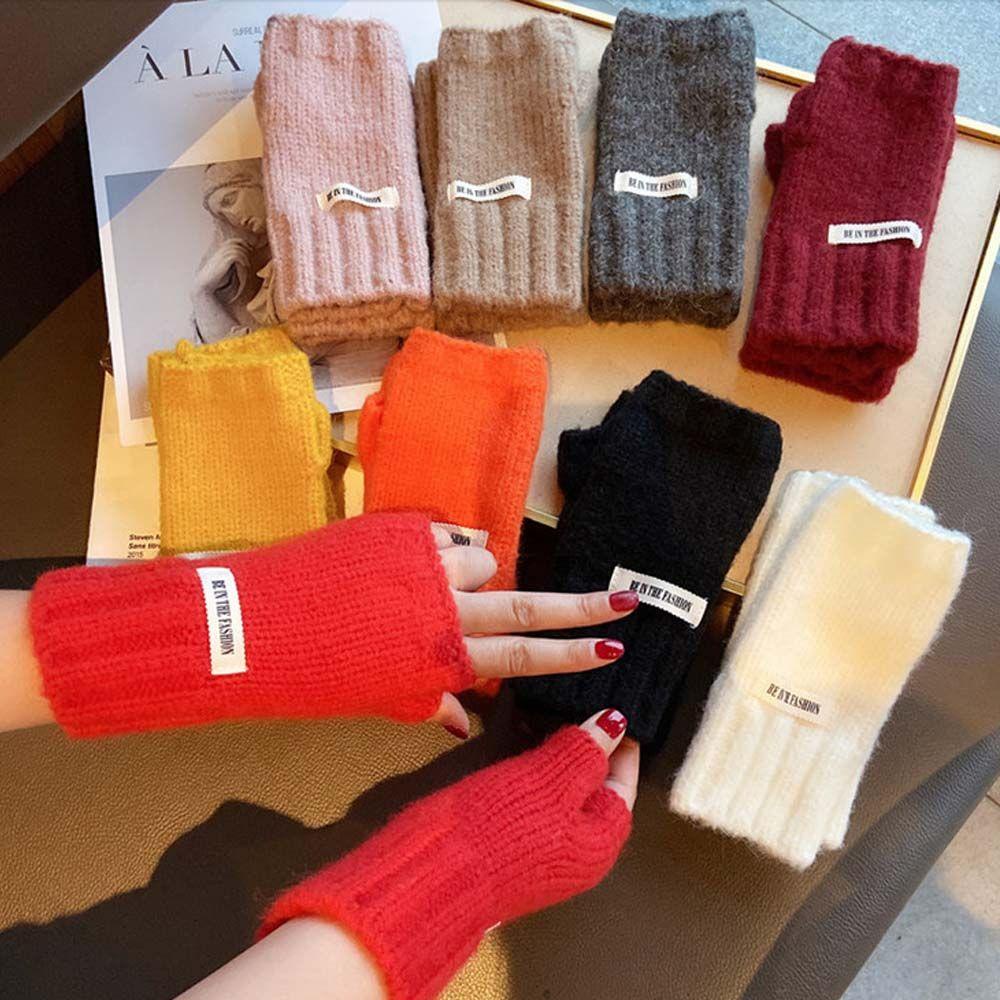 Găng Tay Len Hở Ngón Giữ Ấm Màu Trơn Cho Nữ